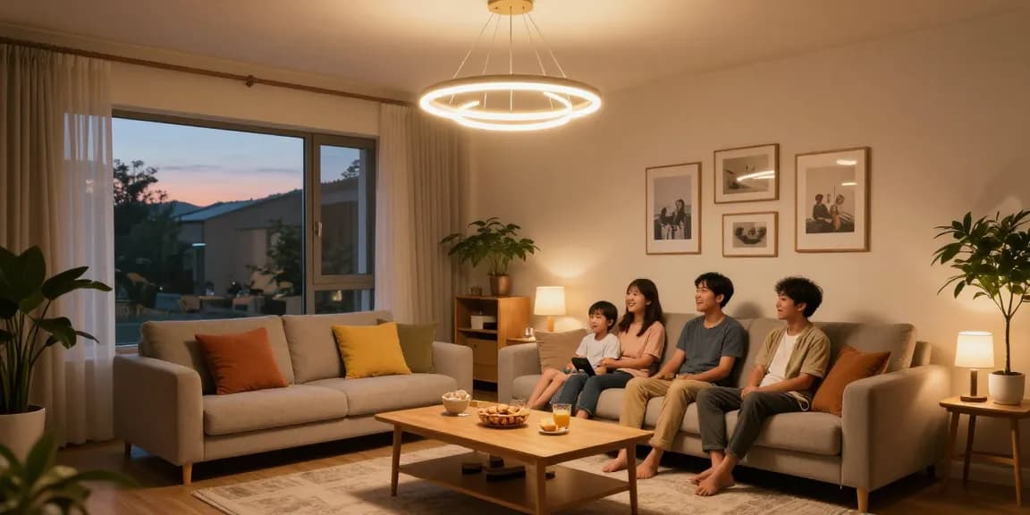 Ilustrație a unei lustre LED elegante într-o cameră de zi primitoare, iluminare caldă.