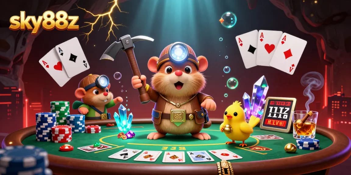 Sky88z showcases a thrilling poker scene with a treasure hunter mole and casino action elements.