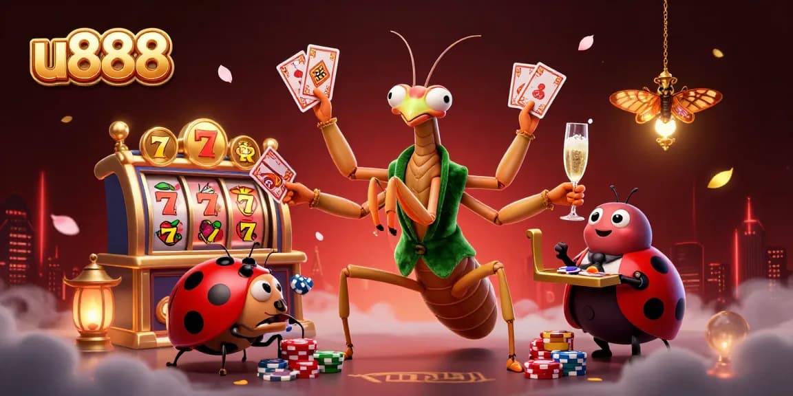 Engage with u888 at a vibrant casino scene featuring a giant mantis card dealer and ladybug pit boss.