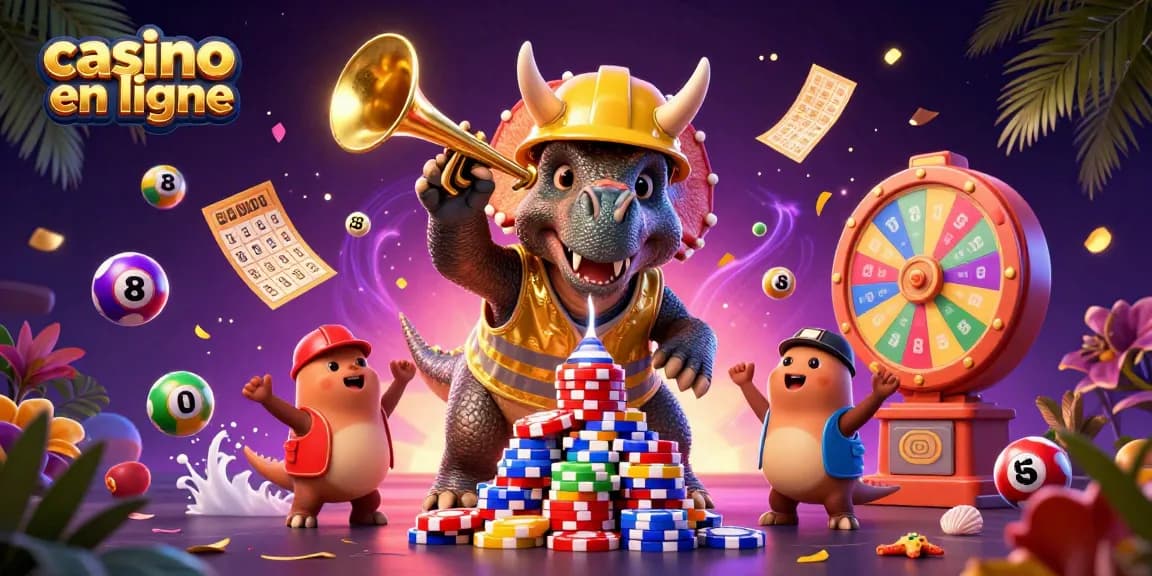 Des jeux de casino en ligne animés avec des personnages dino célébrant autour de jetons.