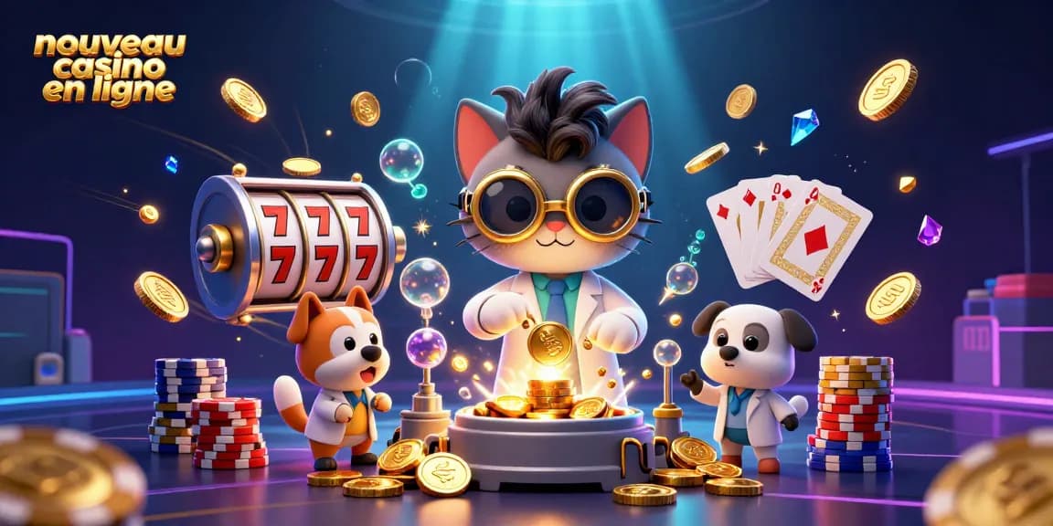 Image d'une illustration 3D de "nouveau casino en ligne" avec un chat fou et un chien assistant entourés de pièces d'or.
