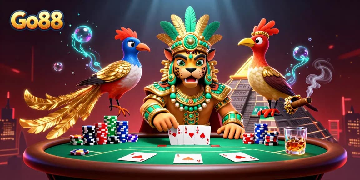 Engage in thrilling poker action with Go88's vibrant casino scene featuring dynamic characters and rich game elements.