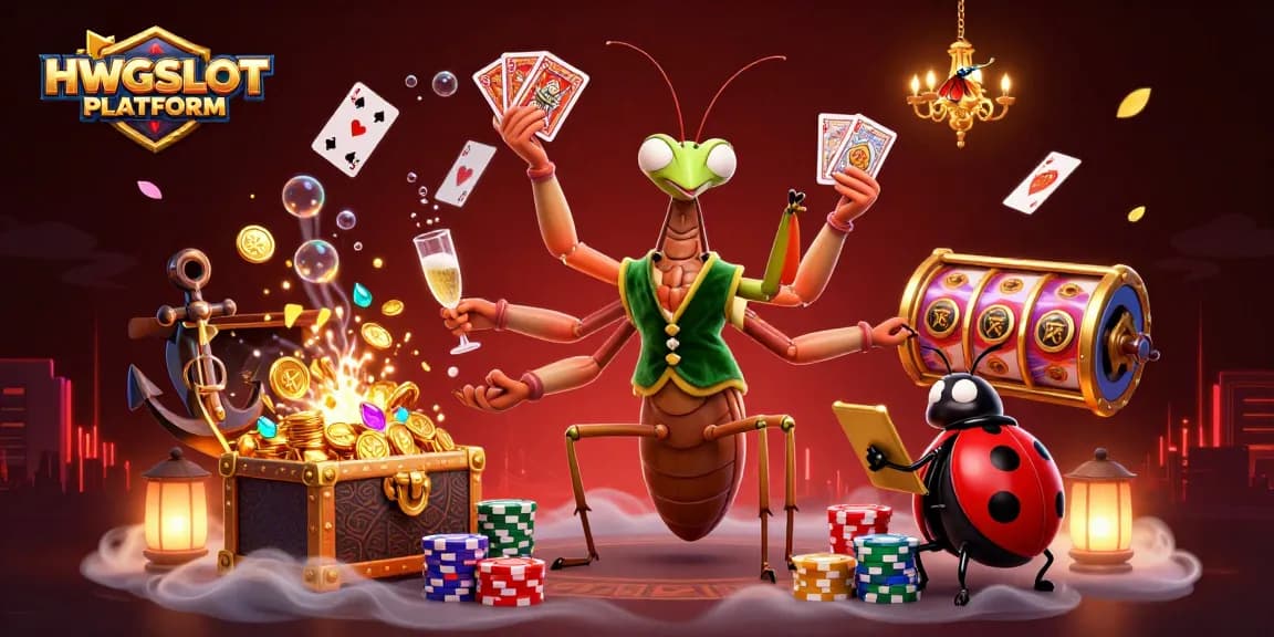 Engage with HWGSLOT PLATFORM featuring an exciting 3D cartoon scene of a giant mantis dealer and fun casino elements.