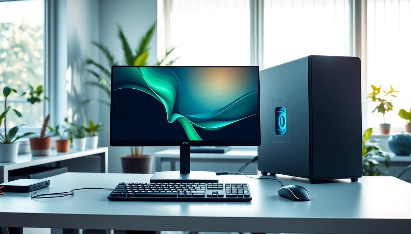 Ρυθμίστε ένα refurbished pc με μοντέρνα αξεσουάρ γραφείου και φως που αναδύει επαγγελματισμό.