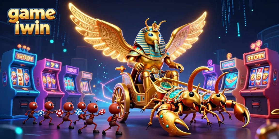 Engage with game iwin in a vibrant casino scene featuring golden scarabs and arcade machines.