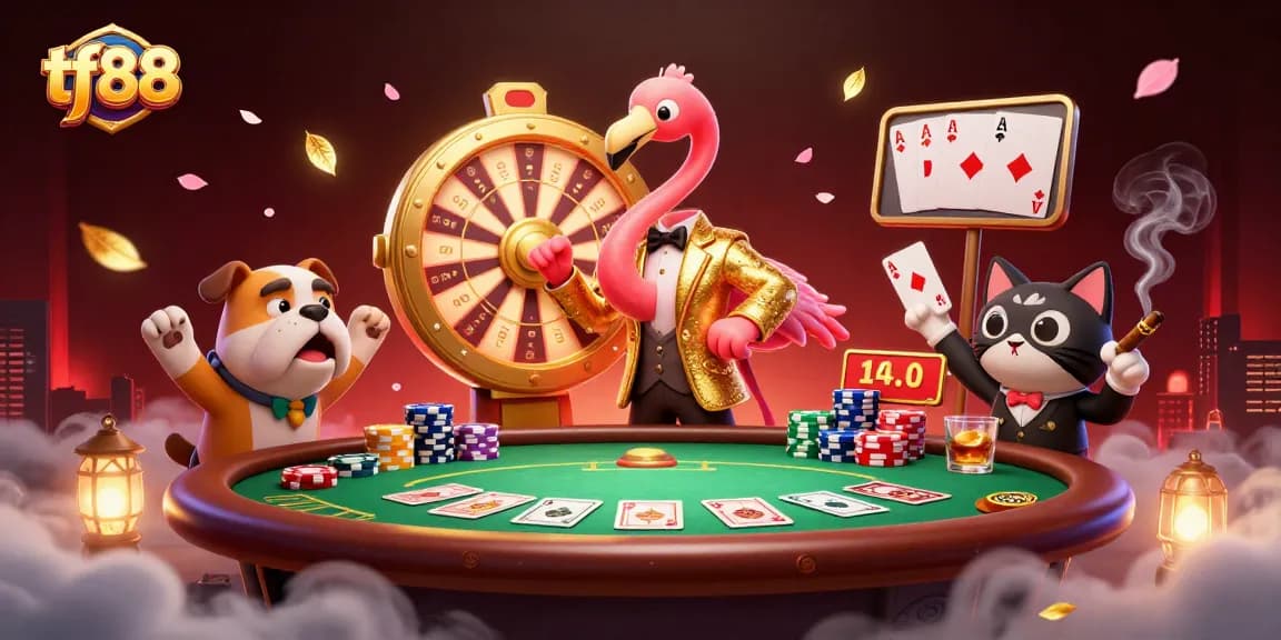 Engage with tf88's vibrant interactive atmosphere featuring an exciting prize wheel scene.