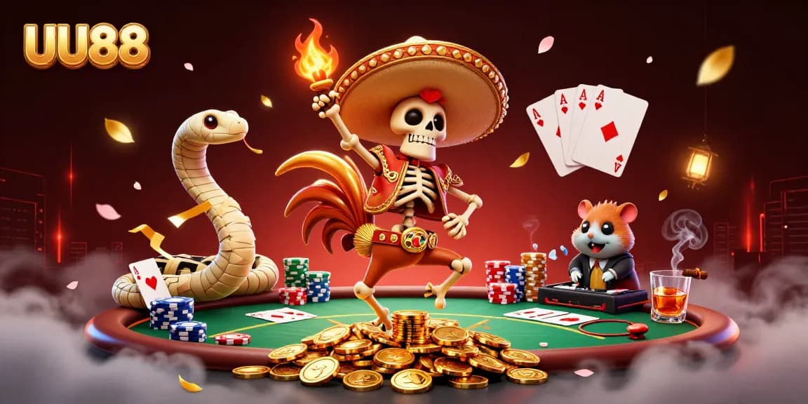 UU88 players enjoy vibrant gaming excitement with a mariachi rooster, mummy snake, and hamster DJ.