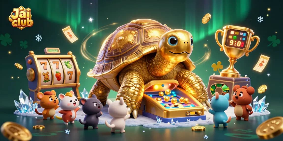 Engage in thrilling gaming at Jai club, featuring a lively scene with dynamic slot reels and energetic characters.