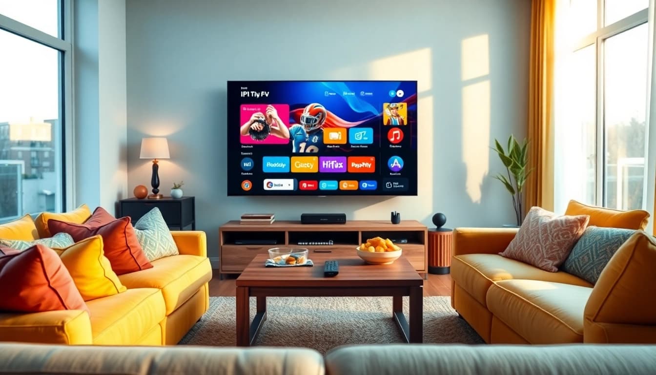 Experience Free IPTV Trial 24 Hours with a cozy living room setup featuring a large TV and snacks.