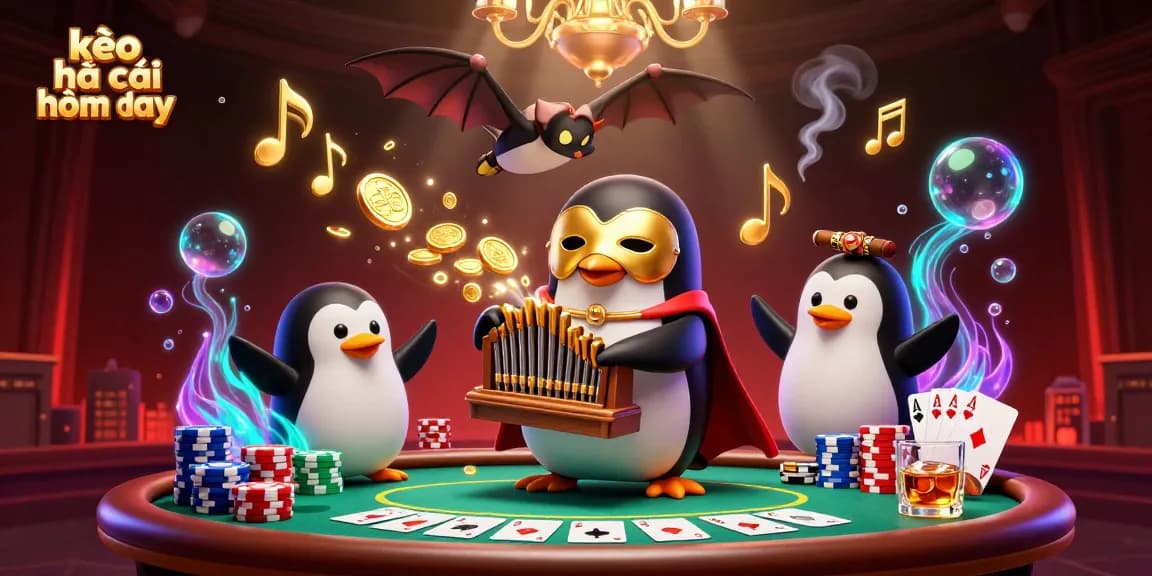 Experience kèo nhà cái hôm nay with an ultra-detailed scene of a penguin playing an organ amidst poker elements.