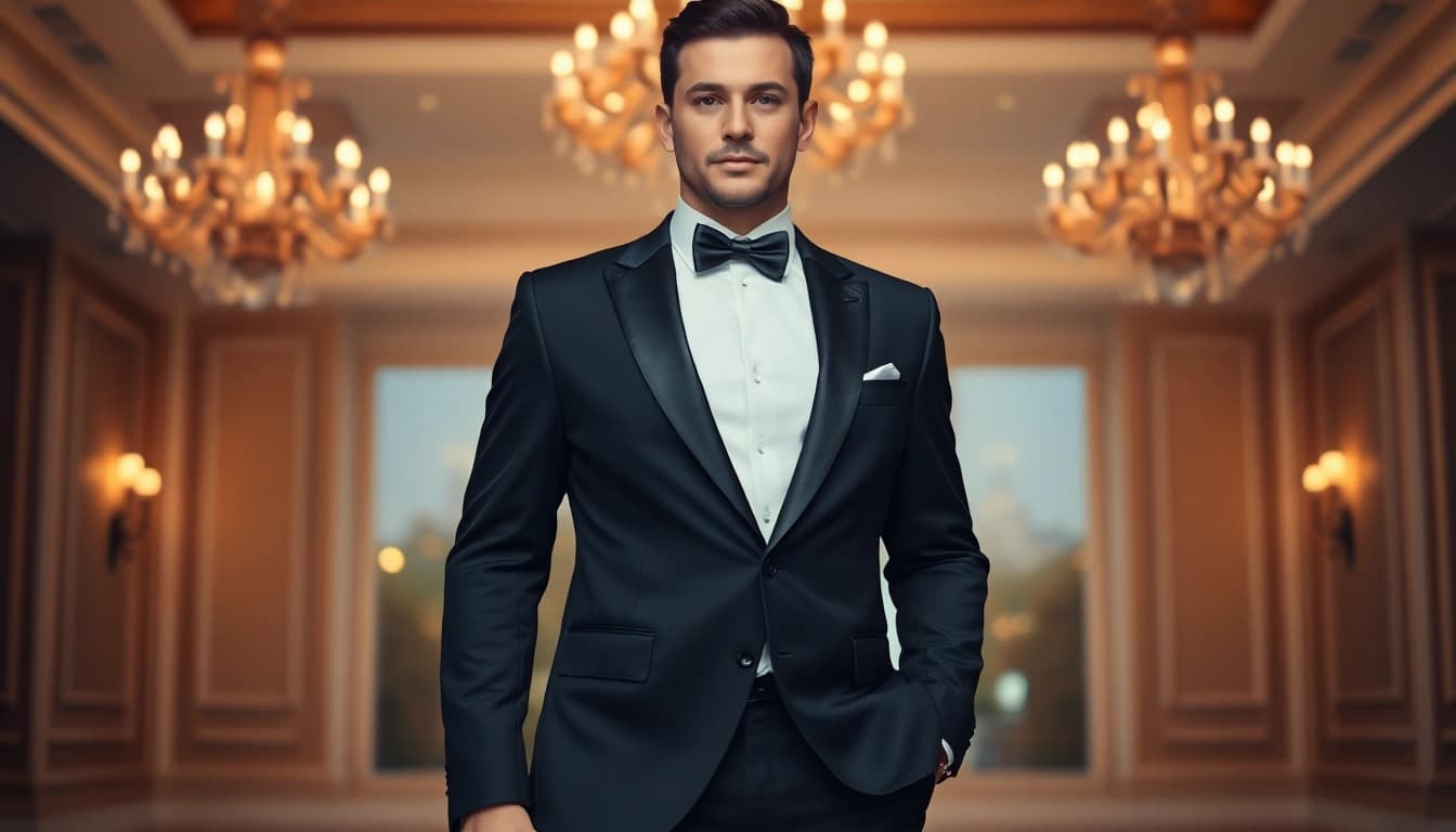 Man showcasing stylish men's black formal attire in an elegant ballroom setting.
