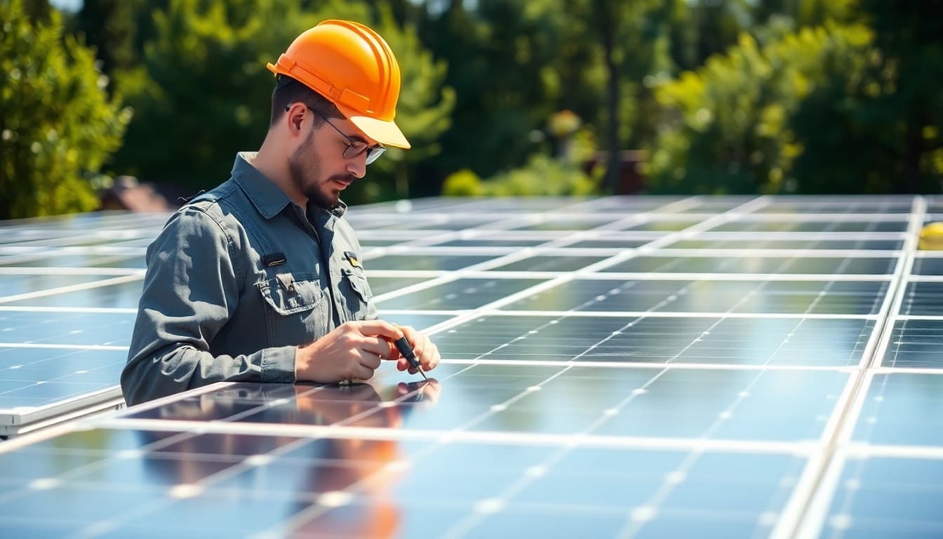 Technician demonstrating solar panel repair in a professional outdoor setting, inspecting for efficiency.