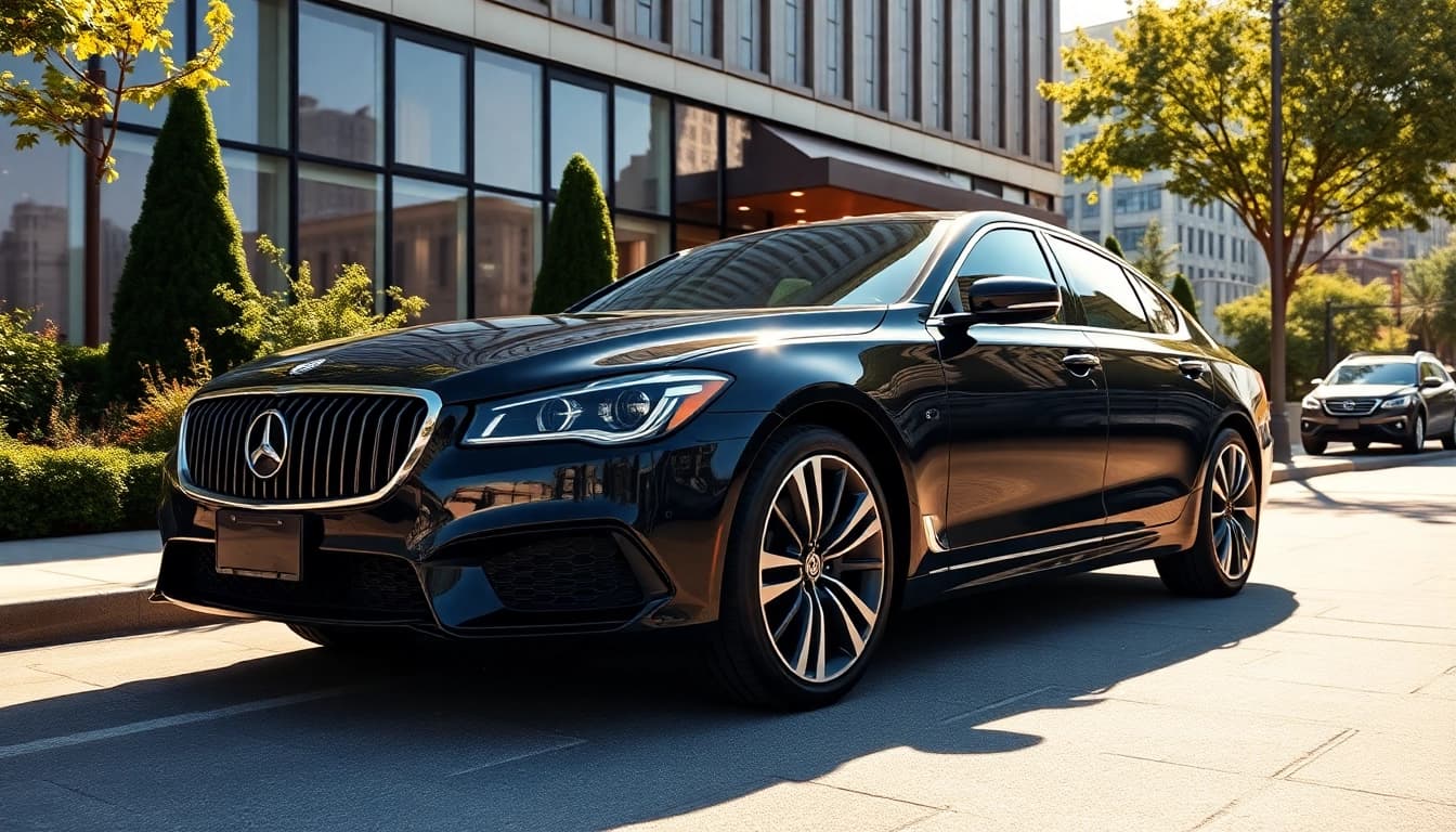 Experience black car service Rhode Island with a luxury vehicle showcasing elegance at a prime location.