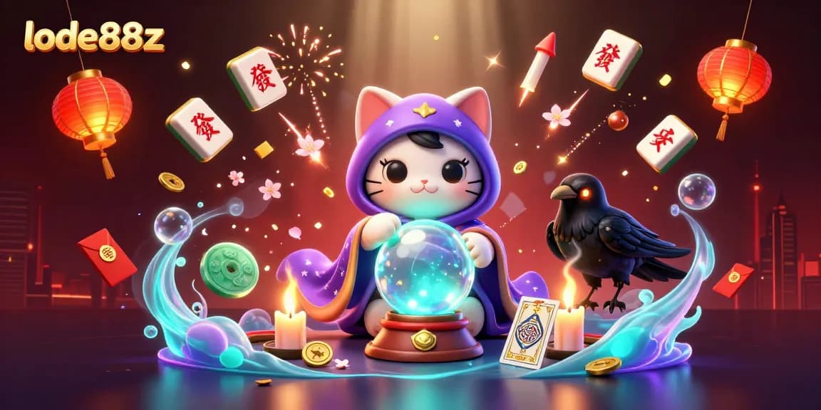 Engage in lode88z's thrilling casino atmosphere with fortune teller cat, raven, and vibrant game elements.