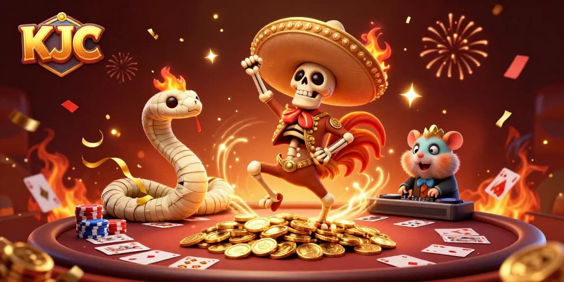 KJC engages players with a vibrant casino scene featuring animated characters and festive gambling elements.