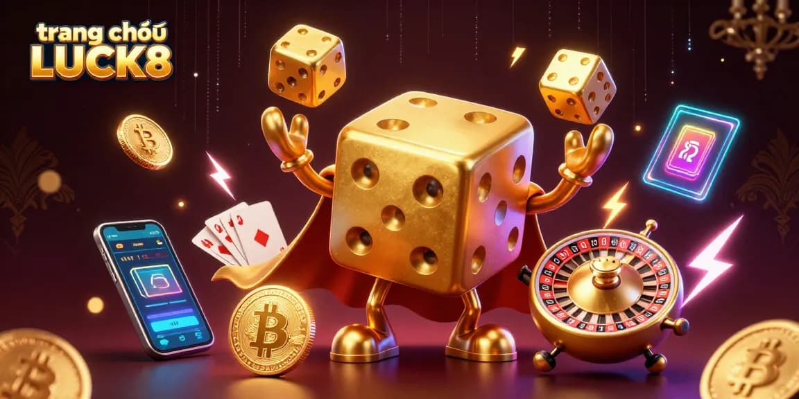 Engage with the thrilling world of trang chủ LUCK8, where golden dice dance amidst vibrant cryptocurrencies and exciting gaming elements.