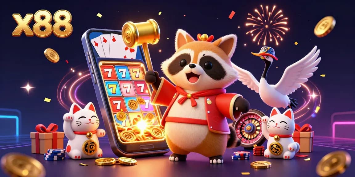 Spin the reels with x88's vibrant gaming illustration featuring cheerful characters and dynamic elements.