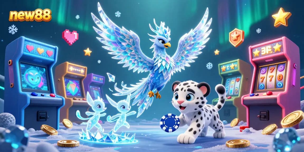 Engage in thrilling gameplay at new88 with a vibrant 3D scene featuring a magical phoenix and playful gaming elements.