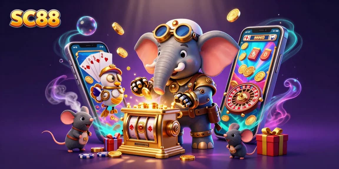 Engage with the SC88 steampunk elephant as it operates a golden slot machine amidst vibrant casino elements.
