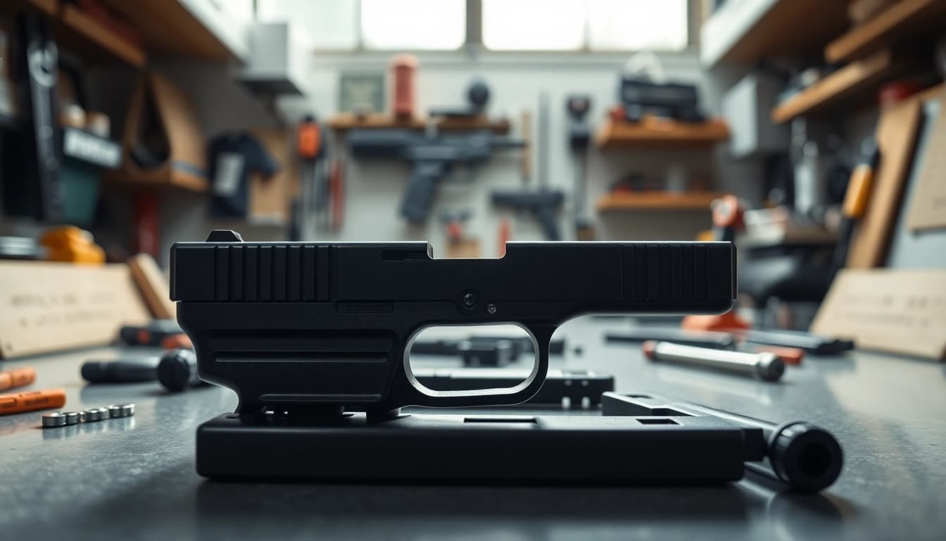 Showcasing a Glock 17 slide OEM on a workbench with tools, highlighting precision engineering.