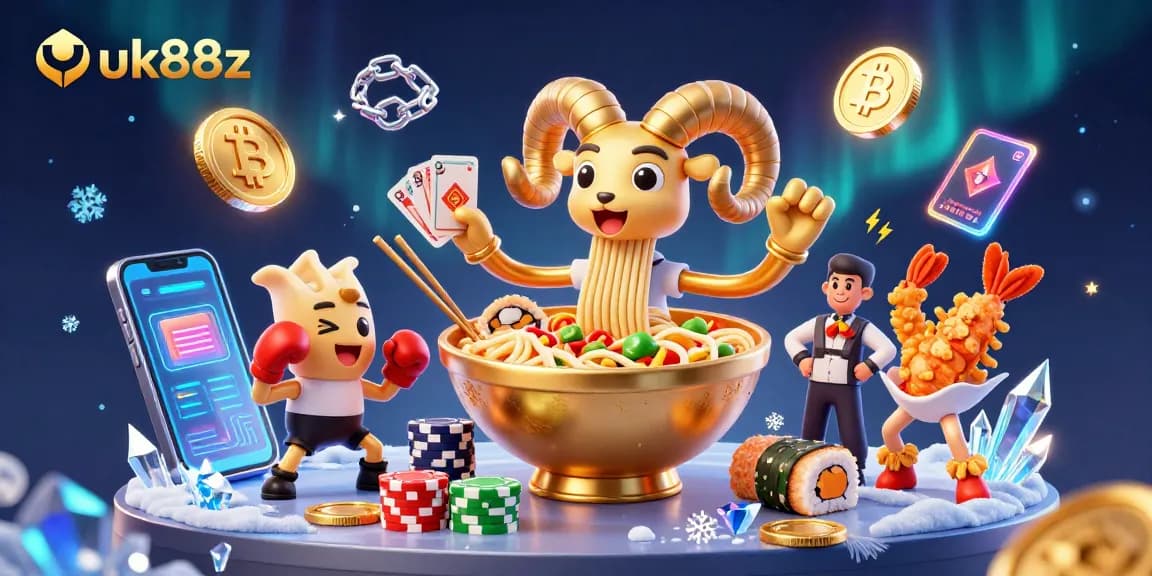 Engage with uk88z as the golden ramen bowl deals cards in a vibrant casino scene