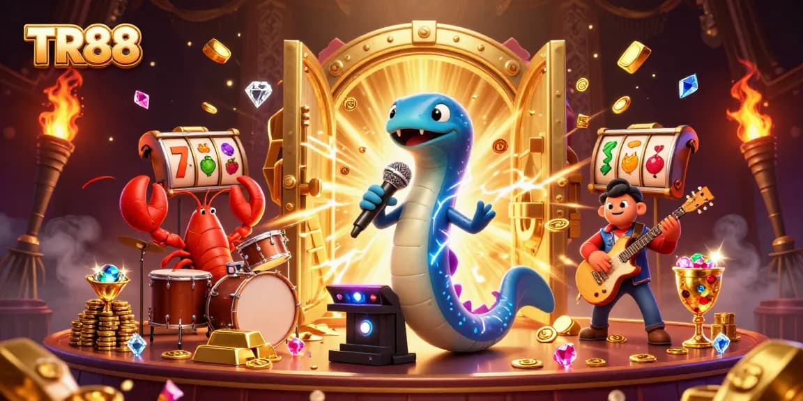 Cheerful TR88 logo in an energetic underwater casino scene with a DJ eel and musical band.