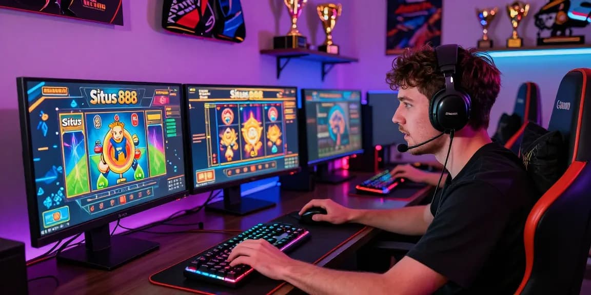 Situs 888 slot gaming scene featuring an enthusiast engaged in multiple screens, showcasing gaming accessories and digital excitement.