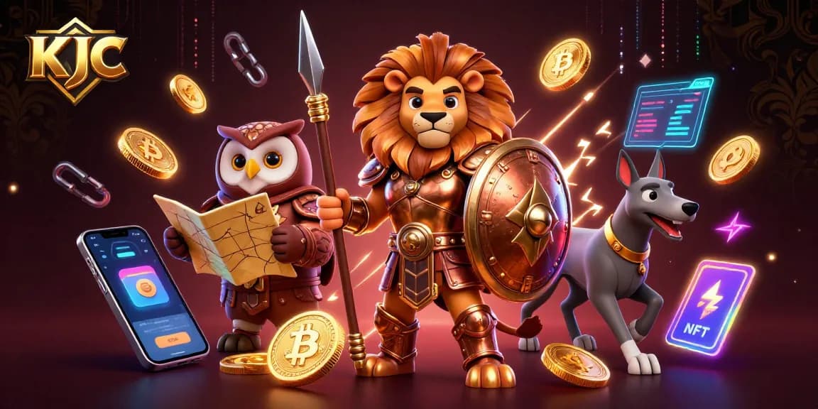 KJC showcases a vibrant 3D casino scene with a Spartan lion and cryptocurrency elements.