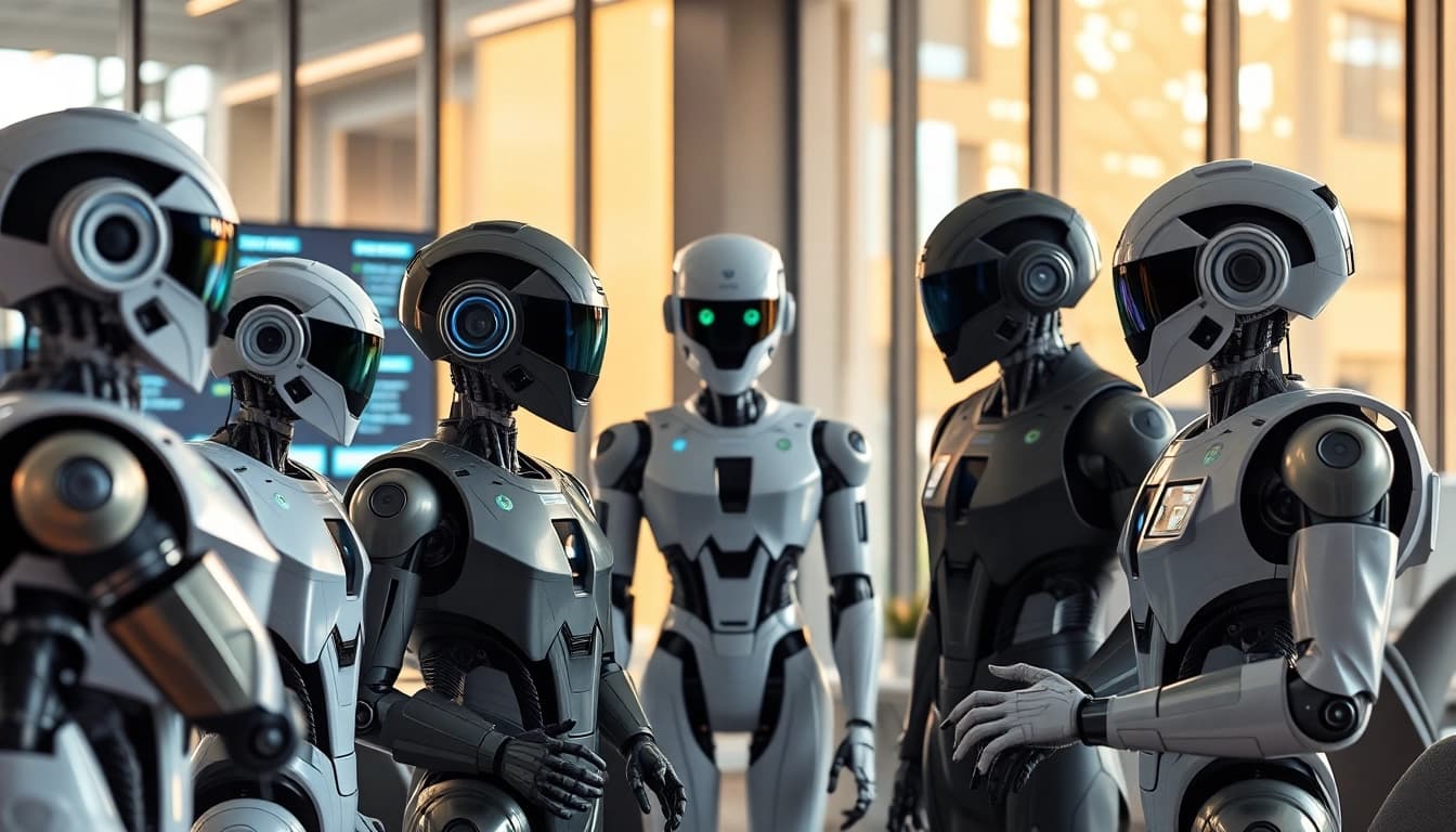 Engaging AI Bots interacting in a modern office environment for collaboration and innovation.