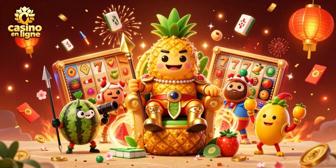Jouez aux jeux de casino en ligne avec le roi ananas et ses gardes à l'arrière-plan festif.