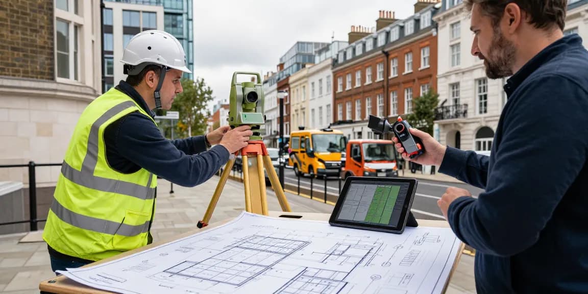 Measured building surveys UK conducted by a professional surveyor on site in London, showcasing detailed planning and technology.