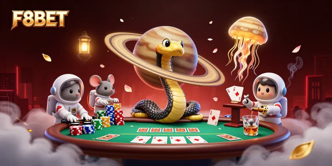 Engage with F8BET by betting on roulette and poker in a cosmic-themed 3D casino scene.