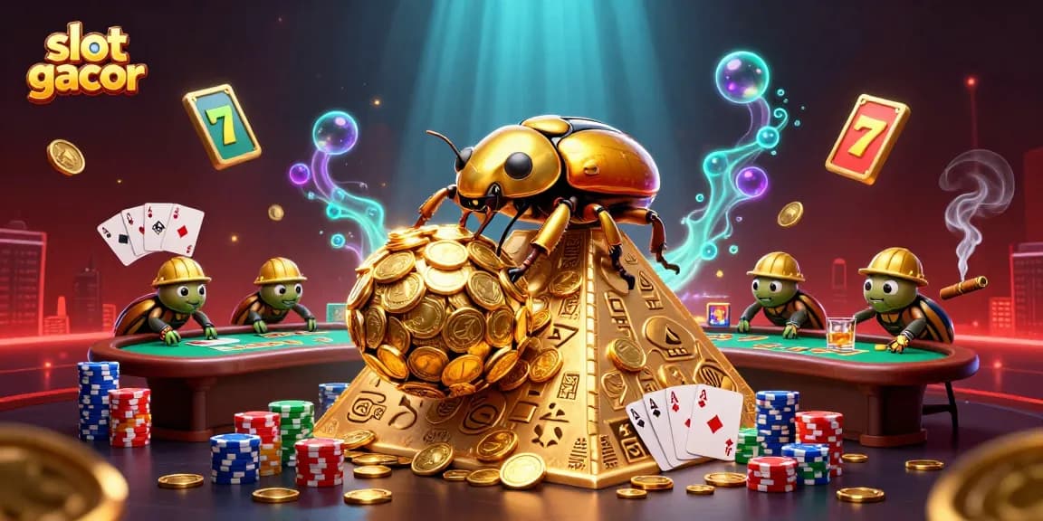 Engage with slot gacor and experience a vibrant 3D illustration of golden beetles and casino elements.
