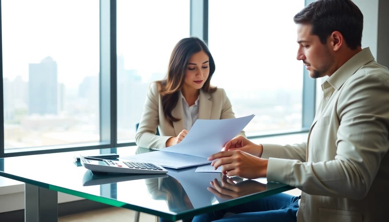 Calculate NY spousal maintence calculators with a couple discussing finances at a stylish desk.