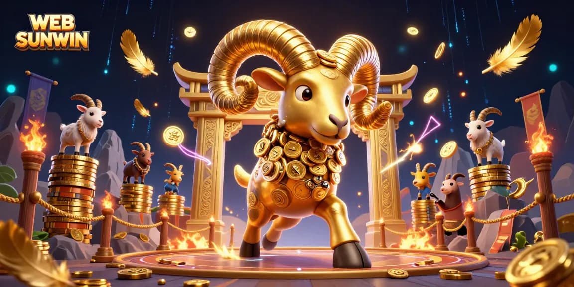 Experience exciting wins with WEB SUNWIN, showcasing a golden ram charging through a vibrant casino arena.