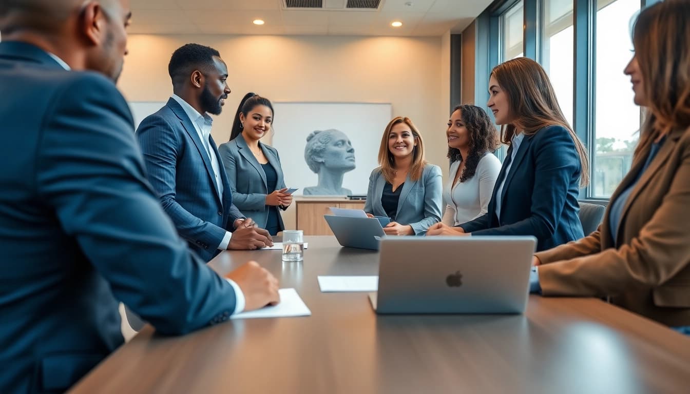 Engaging discussion on Multi-state title and escrow services in a modern office setting.