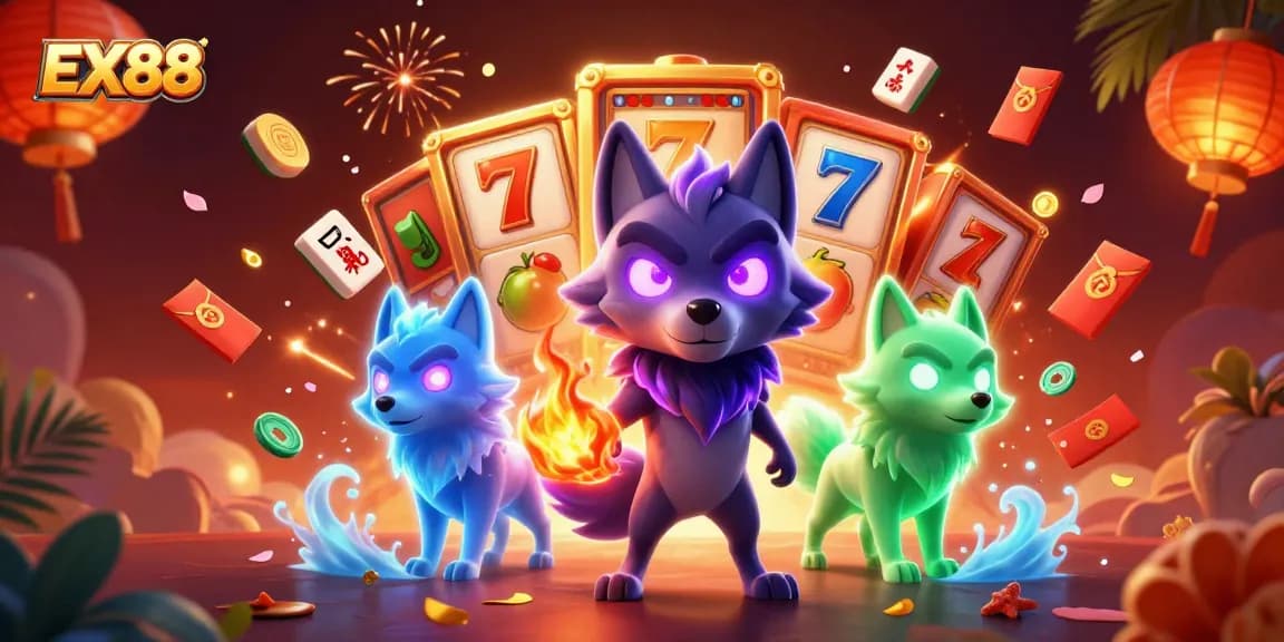 Engage with EX88's gaming excitement as the wolf pack leader leads in a vibrant casino scene.