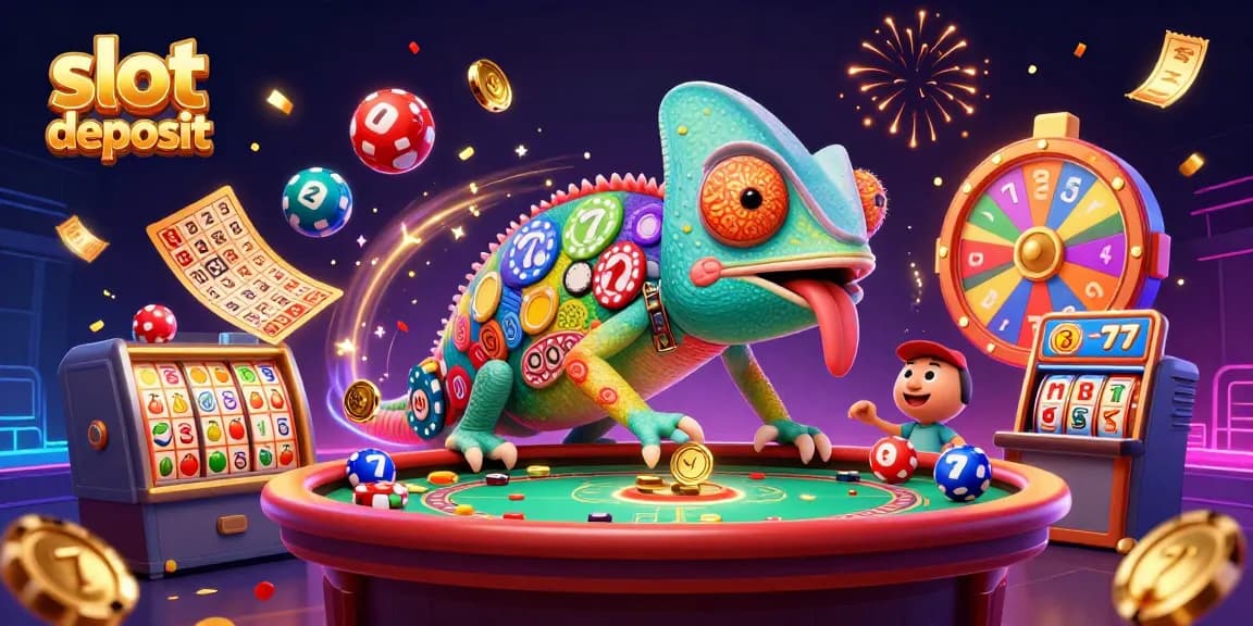 Slot deposit dengan banyak simbol permainan kasino, menampilkan chameleon pemilik kasino menarik koin emas.