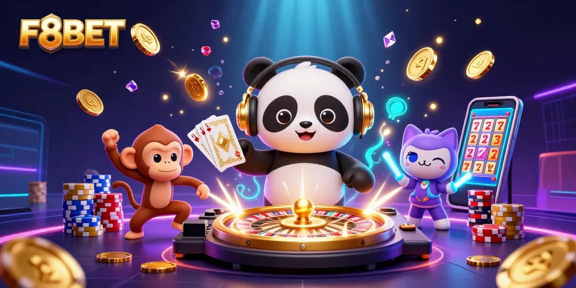 Experience the excitement of F8BET with vibrant characters enjoying casino fun and winning moments.