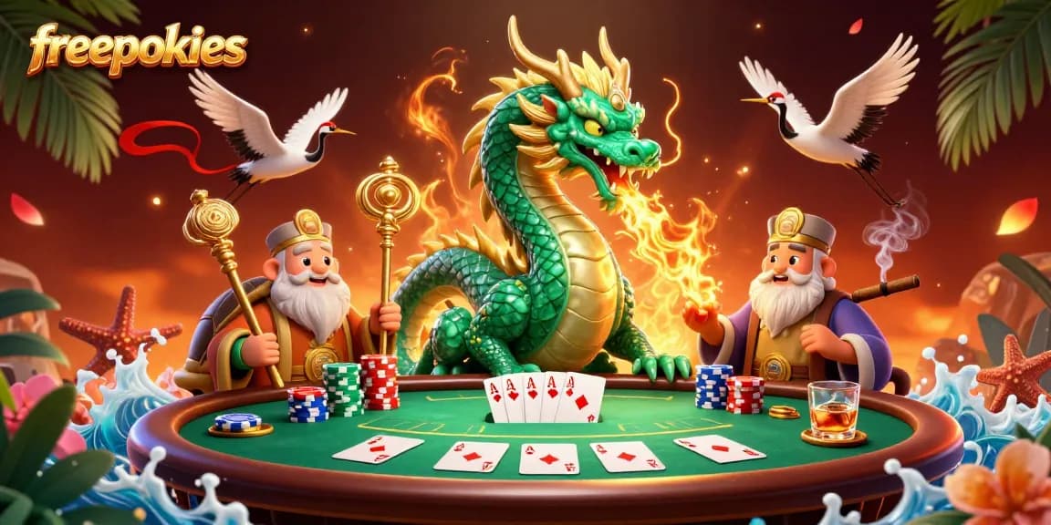 Engage with freepokies through a vibrant scene featuring a jade dragon, turtle sage, and lucky cranes amidst casino elements.
