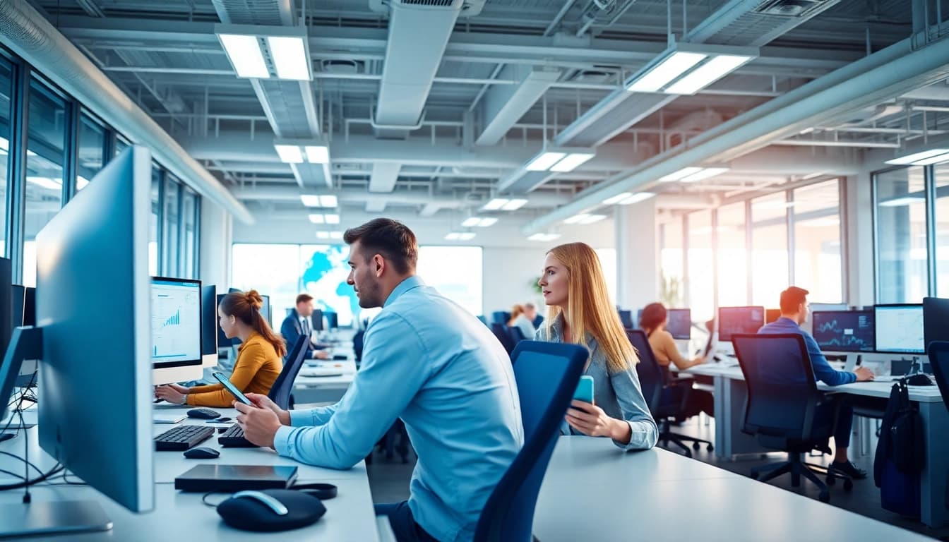 Engaged professionals demonstrating the 02 login business in a modern office environment.