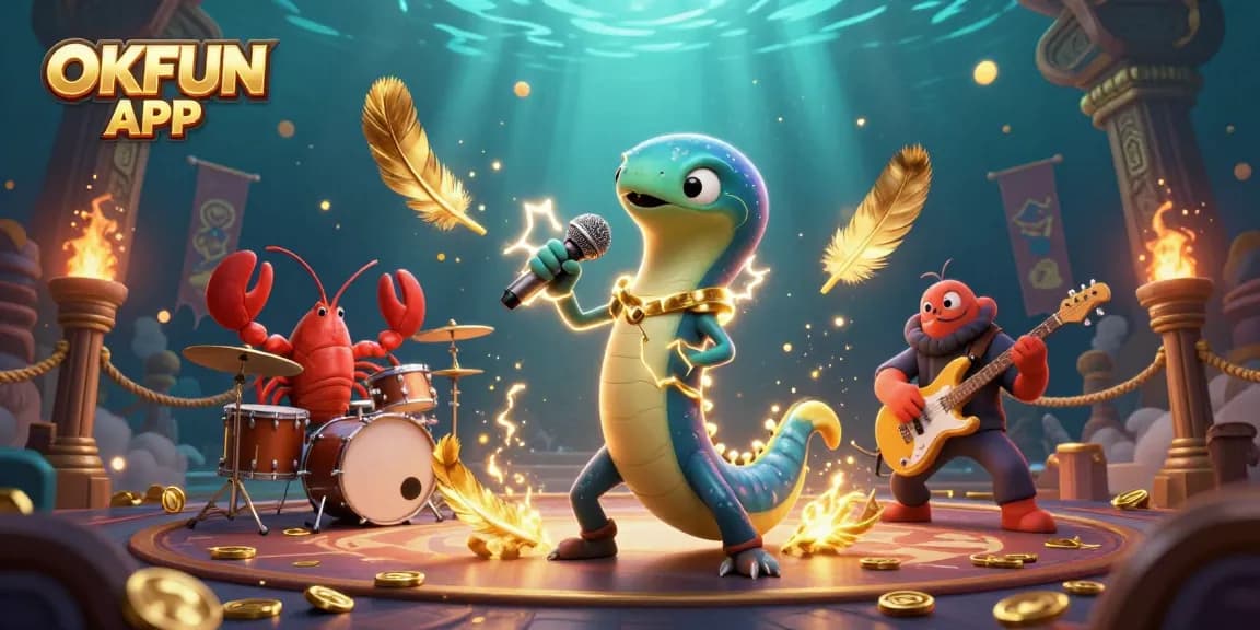 Engage with the vibrant OKFUN APP as a DJ eel performs in a rich underwater casino scene.