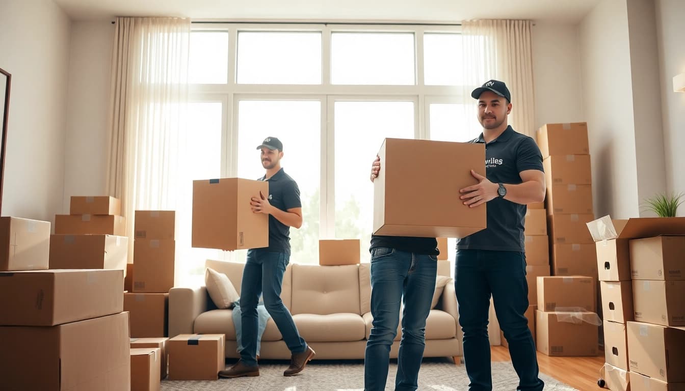 Efficient movers in vinice packing boxes in a bright living room.
