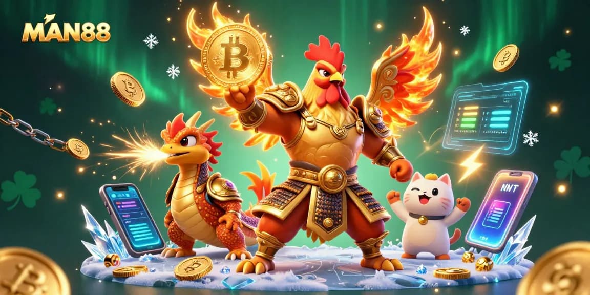 Experience thrilling bets with MAN88 in a vibrant 3D gambling scene featuring iconic characters and crypto elements.