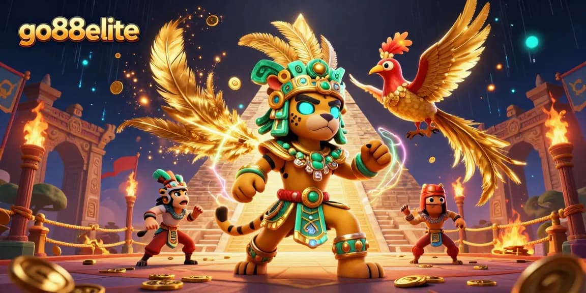Experience the vibrant world of go88elite with a Mayan jaguar in a lively casino scene, interacting with game elements.