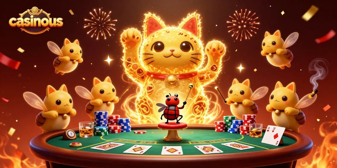 Experience thrilling casino action with casinous, featuring a lucky cat and poker elements.