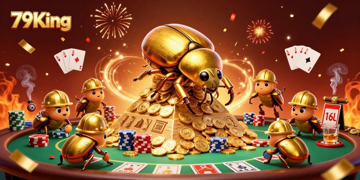 Engage with thrilling 79King gaming experiences featuring a golden beetle, poker elements, and casino excitement.