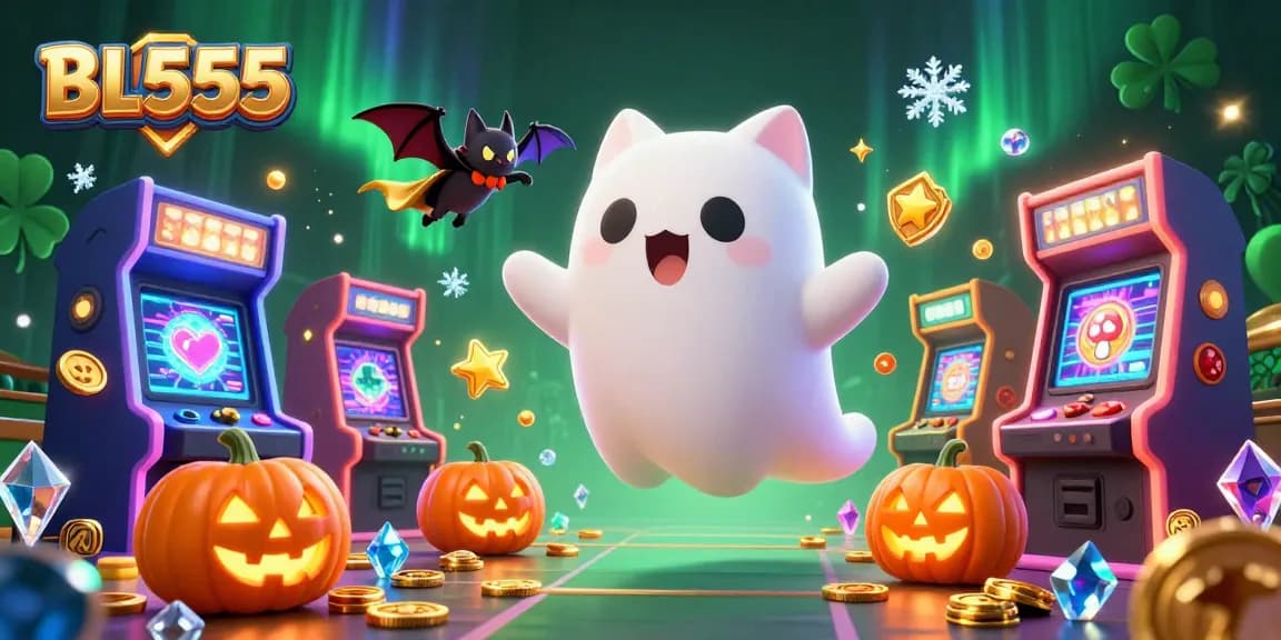 Experience BL555's haunted casino with a friendly ghost cat and exciting gaming elements.