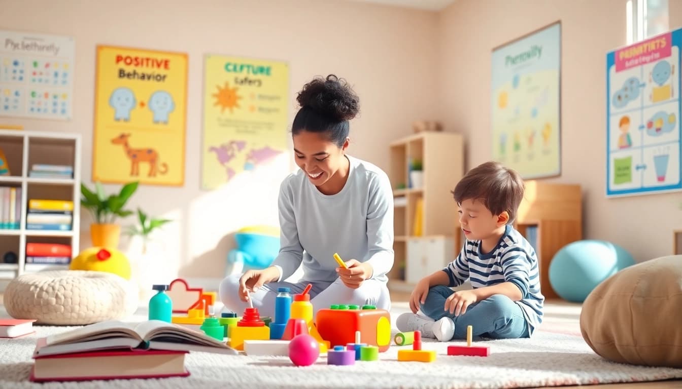 Engaging ABA therapy for kids session with a therapist and child in a bright, inviting room.