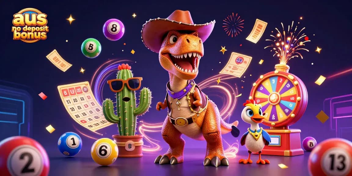 Engage with the thrilling aus no deposit bonus scene featuring vibrant 3D characters and casino elements.